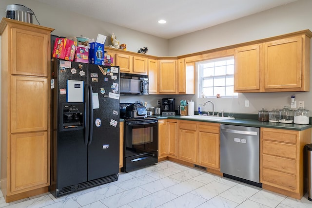 123 Carson Pl, Clinton, TN 37716 - kitchen with black appliances, a sink, light marble finish flooring, recessed lighting, and dark countertops