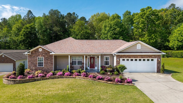 ranch-style home featuring concrete driveway, a shingled roof, covered porch, a front yard, and a garage