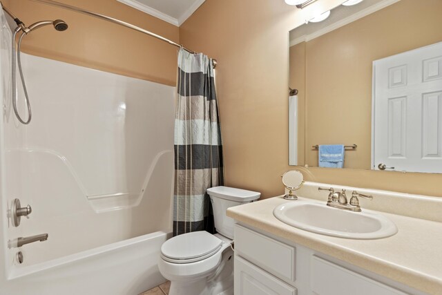 bathroom with shower / bath combination with curtain, vanity, ornamental molding, and toilet