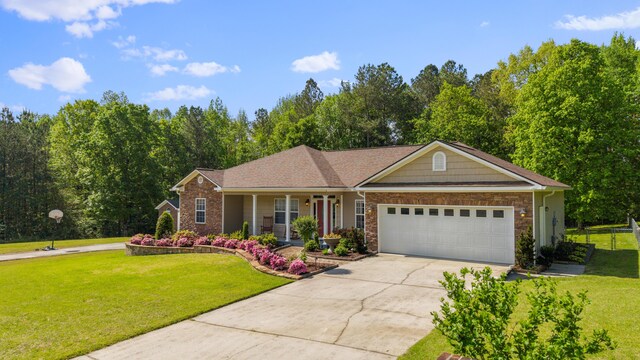doorway to property featuring concrete driveway, stone siding, a shingled roof, a porch, and a garage