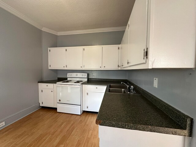 kitchen featuring electric range, light hardwood / wood-style flooring, white cabinetry, and sink