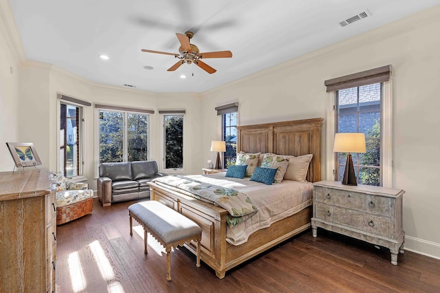944 Ironwood Ln, Loudon, TN 37774 - bedroom with ceiling fan, dark hardwood / wood-style flooring, and ornamental molding