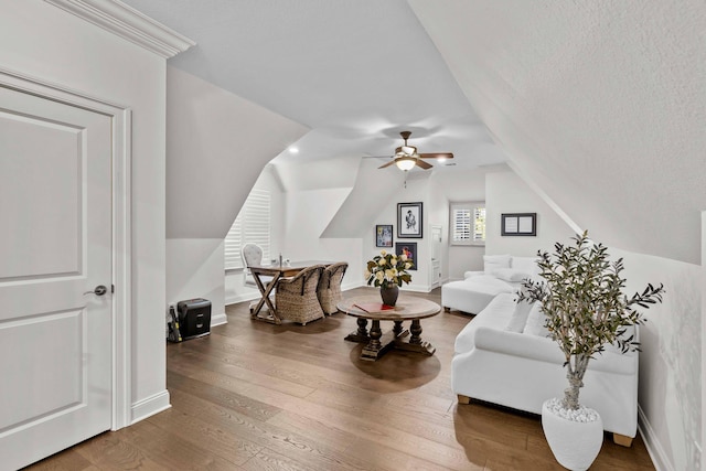 944 Ironwood Ln, Loudon, TN 37774 - interior space featuring a textured ceiling, ceiling fan, lofted ceiling, and hardwood / wood-style flooring