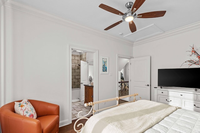 944 Ironwood Ln, Loudon, TN 37774 - bedroom with connected bathroom, crown molding, and ceiling fan