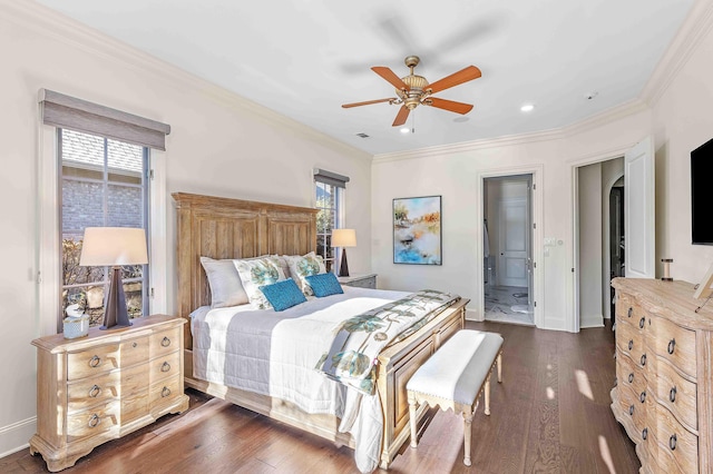 944 Ironwood Ln, Loudon, TN 37774 - bedroom featuring connected bathroom, ceiling fan, dark hardwood / wood-style flooring, and multiple windows