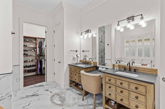 944 Ironwood Ln, Loudon, TN 37774 - bathroom featuring vanity, ornamental molding, and walk in shower