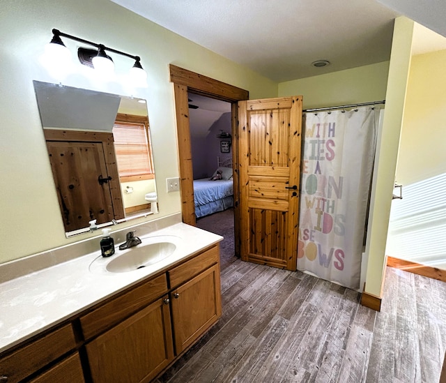 bathroom with hardwood / wood-style floors and vanity