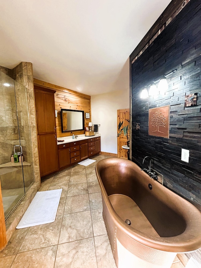 bathroom featuring tile patterned flooring, vanity, and independent shower and bath