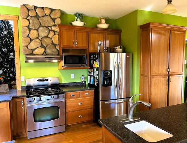 kitchen with sink, light wood-type flooring, stainless steel appliances, and extractor fan