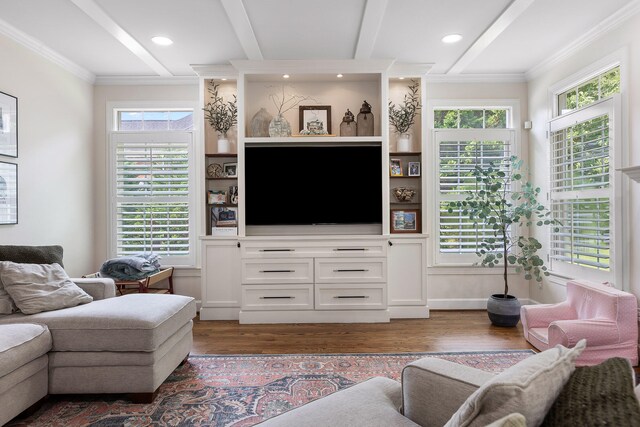 living room with beamed ceiling, dark hardwood / wood-style flooring, crown molding, and a healthy amount of sunlight