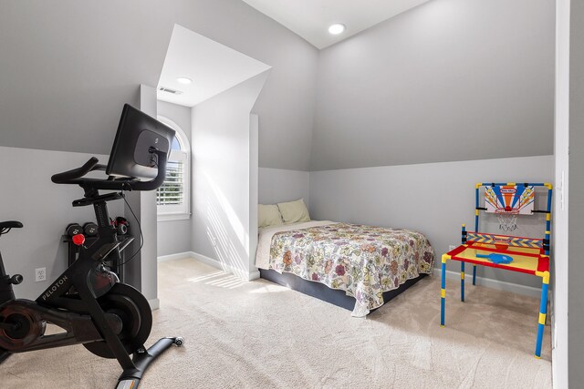 bedroom featuring carpet floors and vaulted ceiling