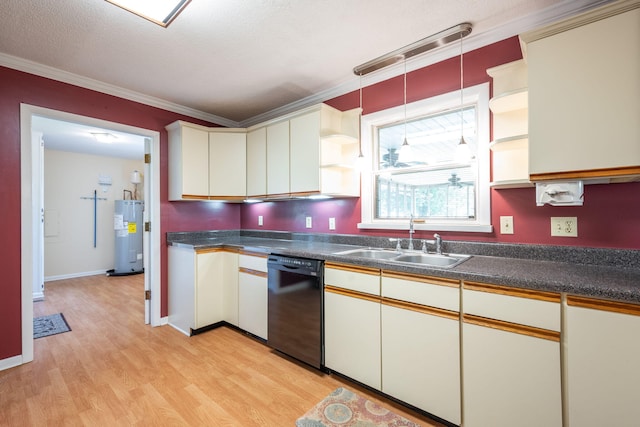 kitchen featuring open shelves, dishwasher, a sink, light wood-style floors, and electric water heater