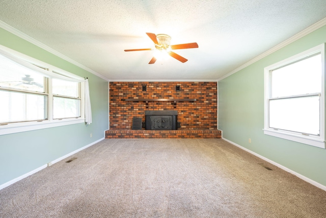 unfurnished living room featuring carpet floors, baseboards, a ceiling fan, and a wood stove