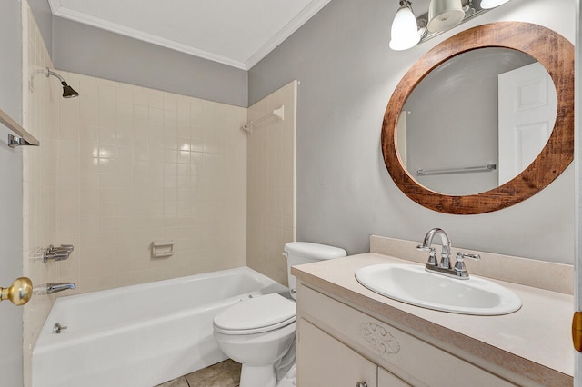 full bathroom with tiled shower / bath combo, tile patterned floors, toilet, vanity, and ornamental molding