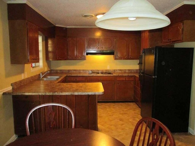 kitchen featuring stainless steel gas stovetop, black fridge, sink, ornamental molding, and kitchen peninsula