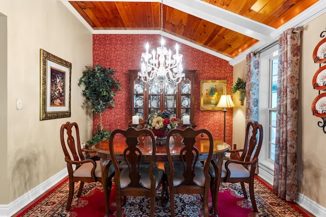 260 Sequoia Rd NW, Cleveland, TN 37312 - dining room with a chandelier, wood ceiling, crown molding, healthy amount of natural light, and wallpapered walls