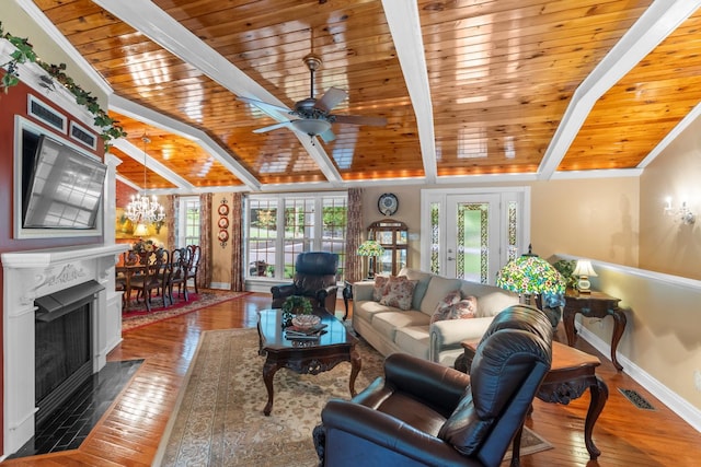 260 Sequoia Rd NW, Cleveland, TN 37312 - living area with wooden ceiling, hardwood / wood-style floors, a ceiling fan, and a fireplace with flush hearth