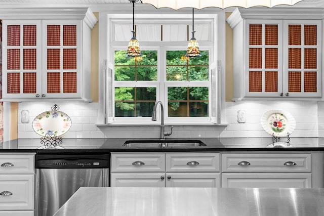 260 Sequoia Rd NW, Cleveland, TN 37312 - kitchen with dishwasher, glass insert cabinets, white cabinets, and backsplash