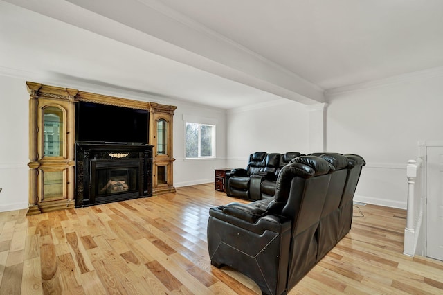 living room with crown molding and light hardwood / wood-style floors