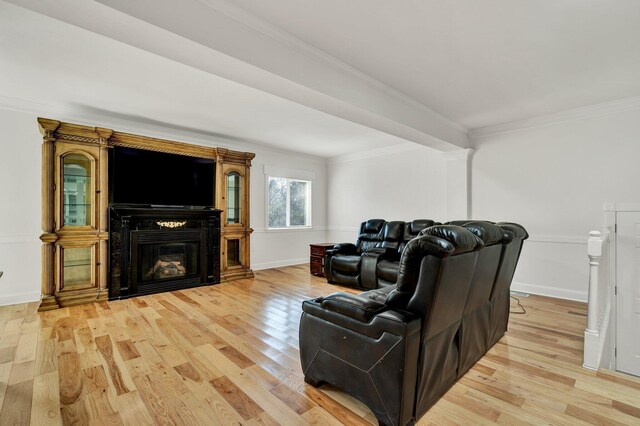 living room featuring crown molding and light wood-type flooring