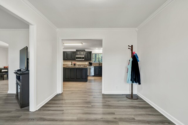 corridor with crown molding and light wood-type flooring