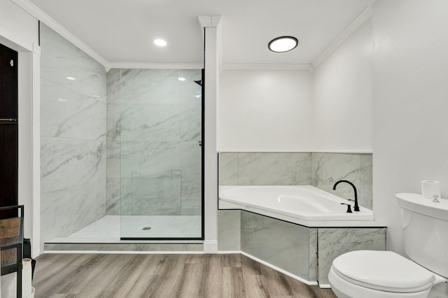 bathroom featuring hardwood / wood-style flooring, ornamental molding, independent shower and bath, and toilet