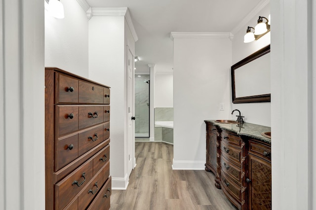 bathroom featuring vanity, crown molding, wood-type flooring, and walk in shower