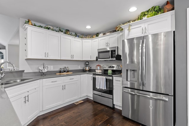 kitchen featuring white cabinets, dark hardwood / wood-style floors, sink, and appliances with stainless steel finishes