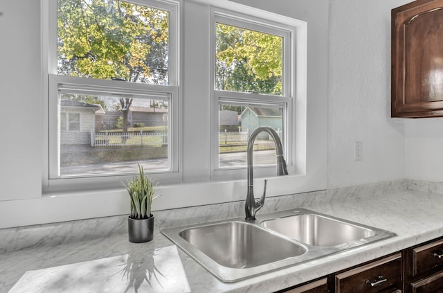 interior details with dark brown cabinetry and sink