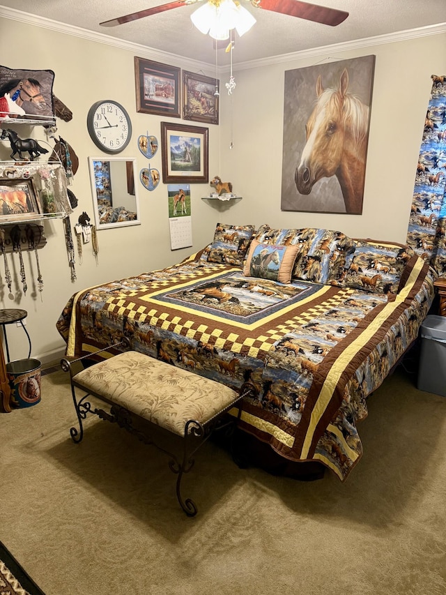 bedroom with crown molding, carpet floors, and ceiling fan