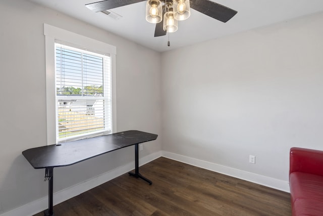 office with visible vents, baseboards, dark wood-style floors, and ceiling fan