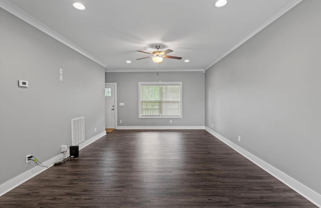 264 Courtland Crest Dr SW, Cleveland, TN 37311 - unfurnished living room with a ceiling fan, ornamental molding, recessed lighting, and dark wood-type flooring