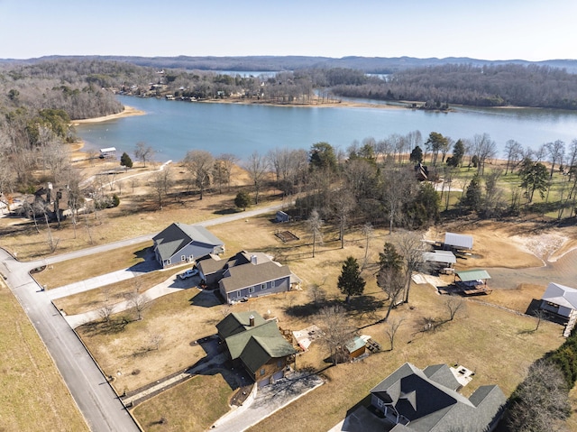 drone / aerial view featuring a water view