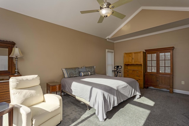 bedroom with crown molding, ceiling fan, carpet flooring, and high vaulted ceiling