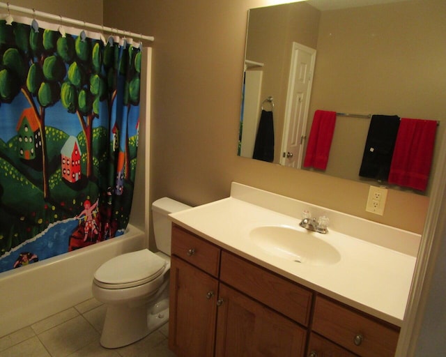 full bathroom featuring shower / tub combo with curtain, vanity, toilet, and tile patterned flooring