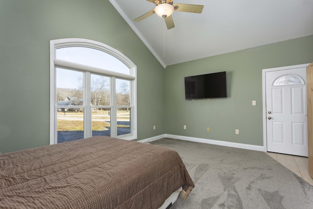 bedroom featuring light carpet, high vaulted ceiling, and ceiling fan