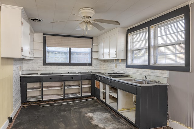 kitchen featuring ceiling fan, white cabinets, and sink