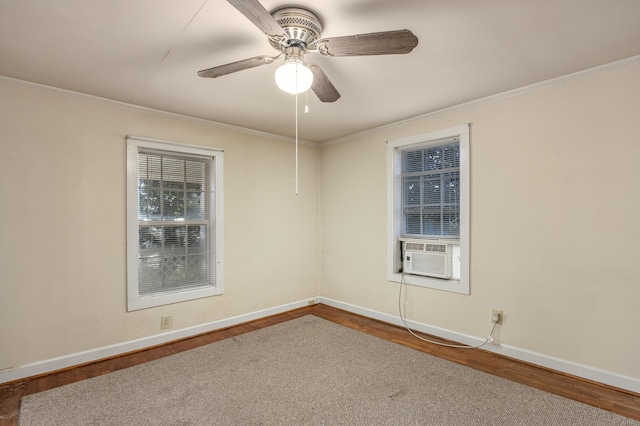 unfurnished room with wood-type flooring, cooling unit, crown molding, and ceiling fan