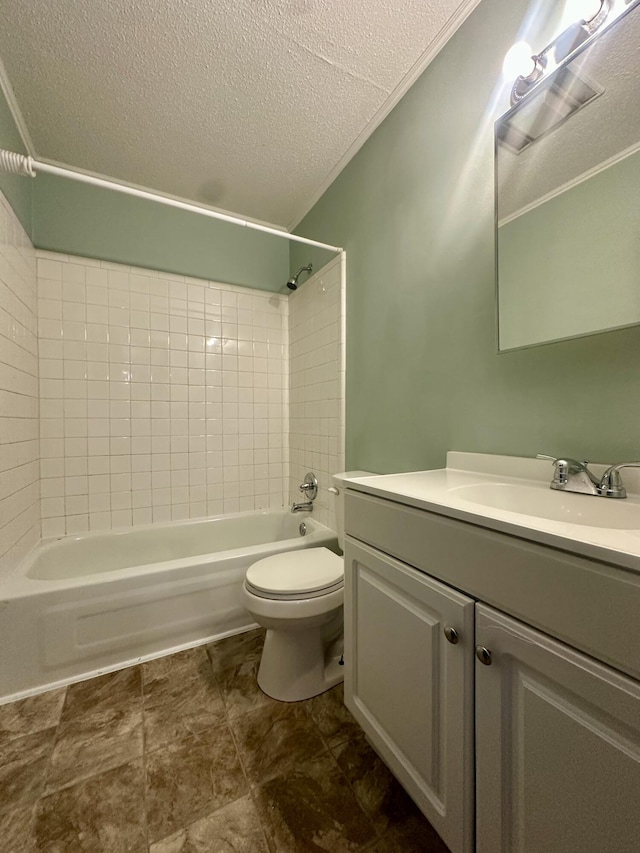 175 Sunset Estates Ln, Dayton, TN 37321 - bathroom featuring a textured ceiling, vanity, bathing tub / shower combination, toilet, and ornamental molding