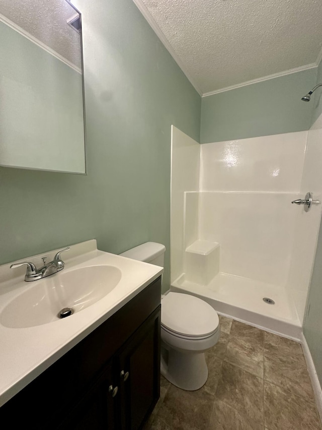 175 Sunset Estates Ln, Dayton, TN 37321 - bathroom with a textured ceiling, vanity, toilet, a shower, and crown molding
