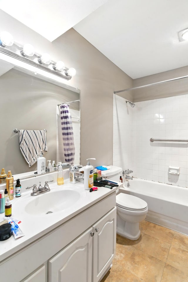 bathroom with vanity, shower / bathtub combination with curtain, tile patterned floors, and toilet