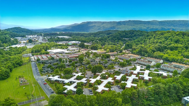 aerial view featuring a view of trees and a mountain view