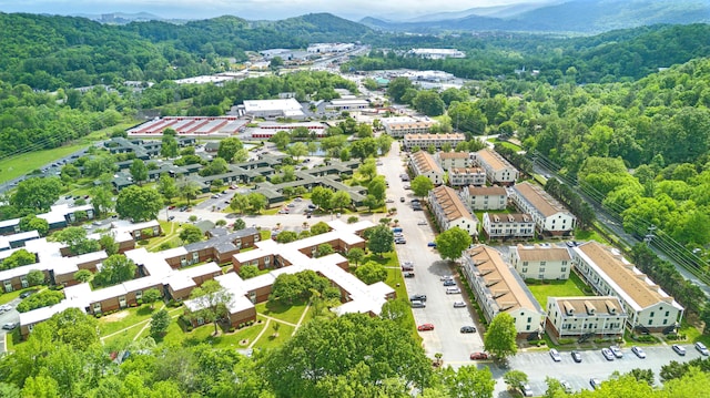 birds eye view of property with a view of trees and a mountain view