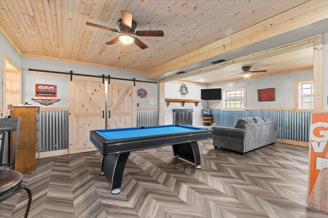 recreation room with visible vents, wood ceiling, a barn door, wainscoting, and billiards