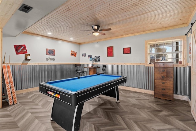 playroom featuring visible vents, wooden ceiling, pool table, wainscoting, and ceiling fan