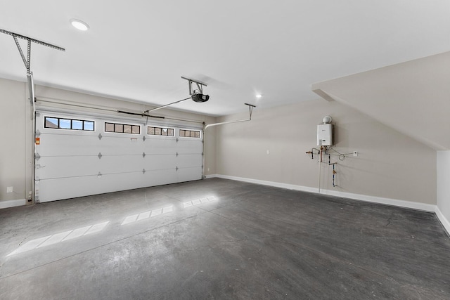 garage with water heater, recessed lighting, a garage door opener, and baseboards