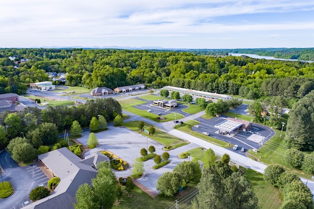 birds eye view of property featuring a wooded view