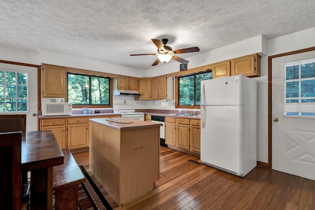 kitchen featuring a kitchen island, a healthy amount of sunlight, white appliances, and hardwood / wood-style flooring