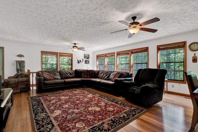 living room with ceiling fan, light wood-type flooring, and a textured ceiling