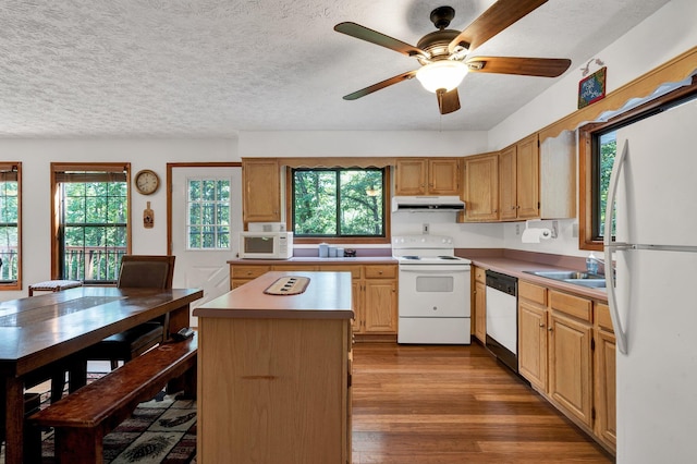 kitchen with plenty of natural light, a center island, white appliances, and light wood-type flooring